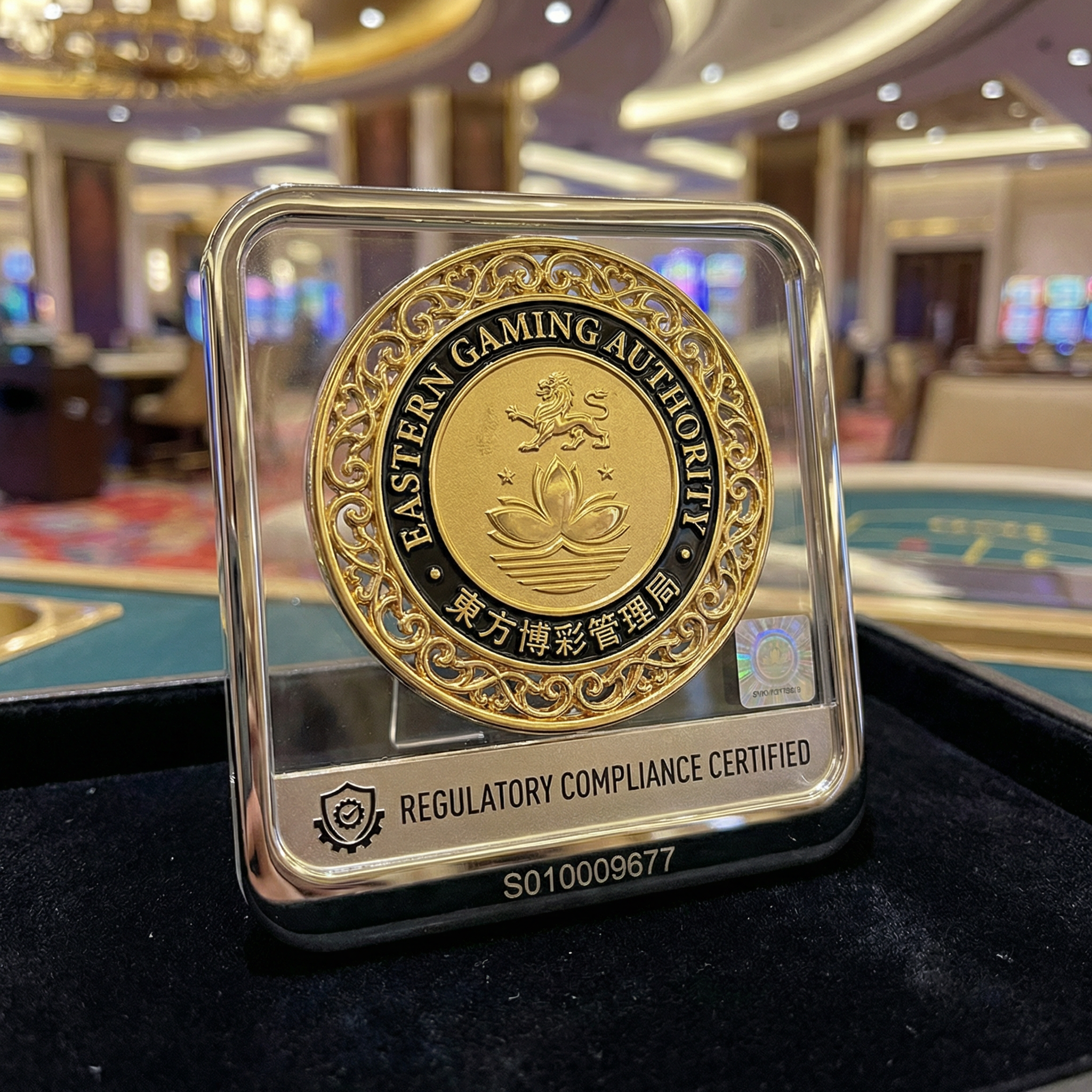 东方博彩委员会颁发的合法博彩牌照徽章,牌照编号S010009677